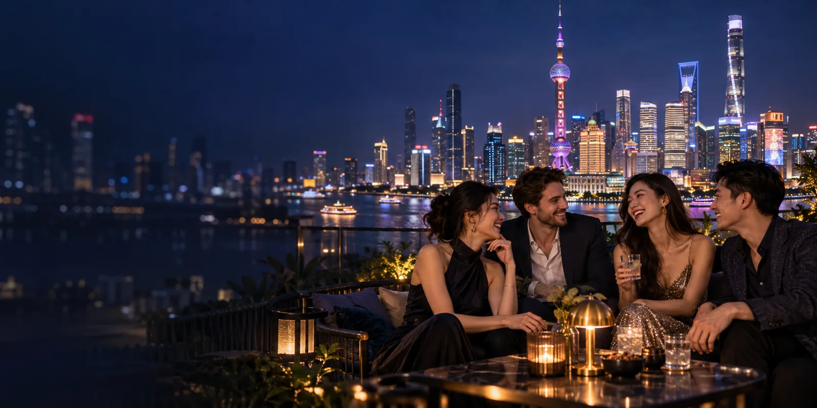 Illustration of a Shanghai evening skyline and rooftop gathering